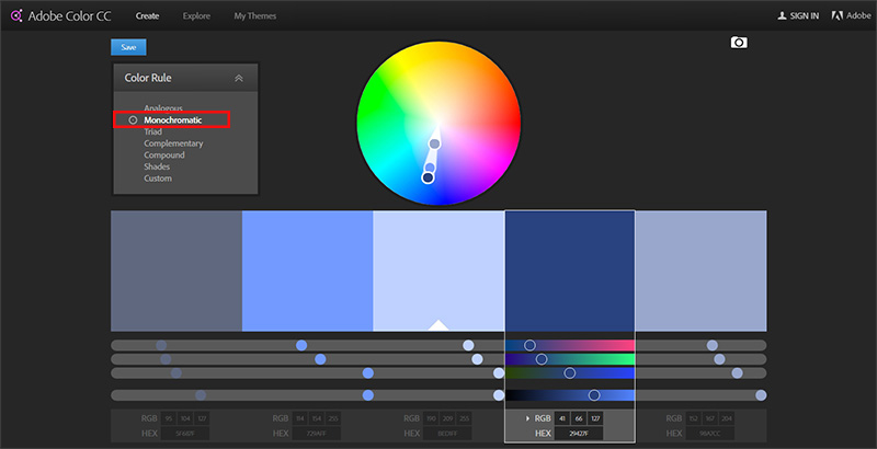 Adobe Color - choosing palette colors