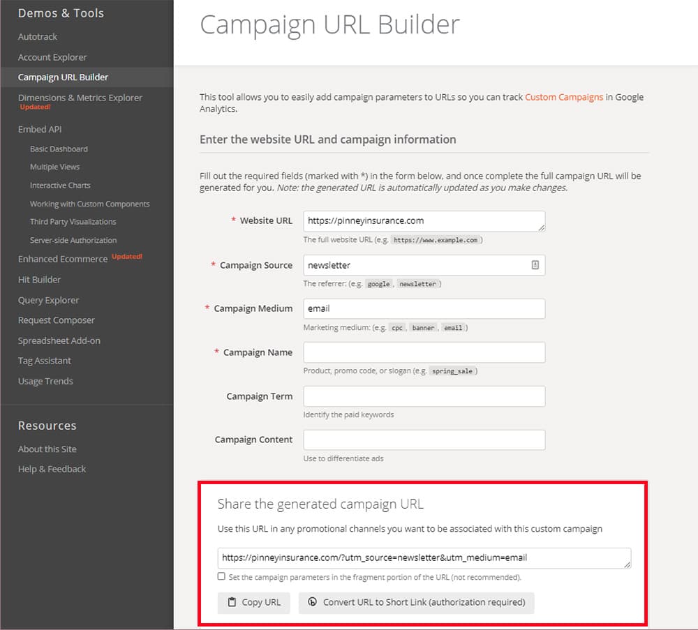 Screenshot of the Google Campaign URL Builder tool