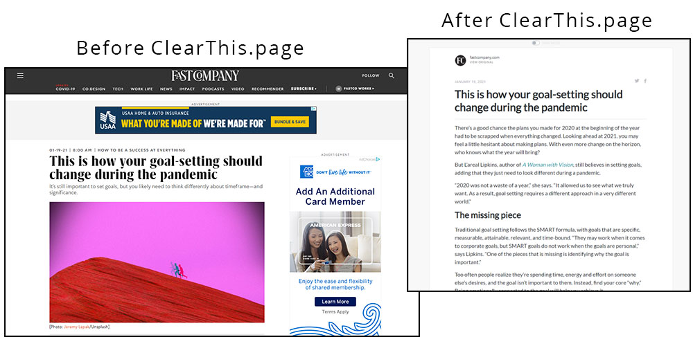 Screenshot of an article before using ClearThis, showing an image and a large sidebar ad, next to an image of the same article after using ClearThis, showing the text formatted nicely with no distractions.