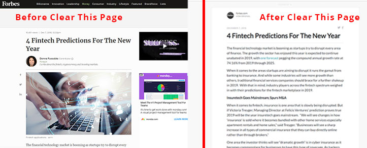 Split-screen image with left-hand side showing an article on the Forbes website, with ads, a video, a stock photo, and only one line of the actual article. On the right, the same article is displayed without all the distractions, and multiple easy-to-read paragraphs are displayed.