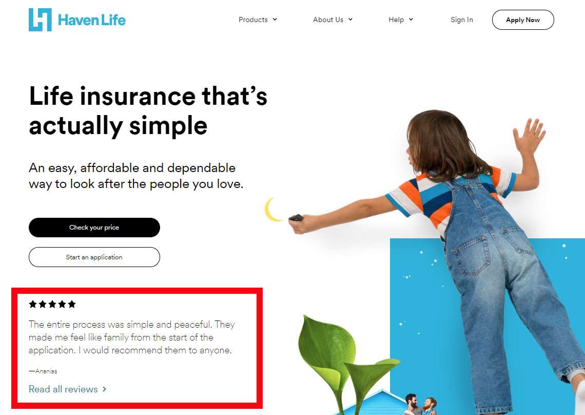Screenshot of Haven Life's home page showcasing a client review