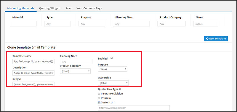 Marketing status email metadata in Insureio