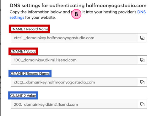 Screenshot of the Constant Contact tutorial showing the content they ask you to paste into 2 CNAME records
