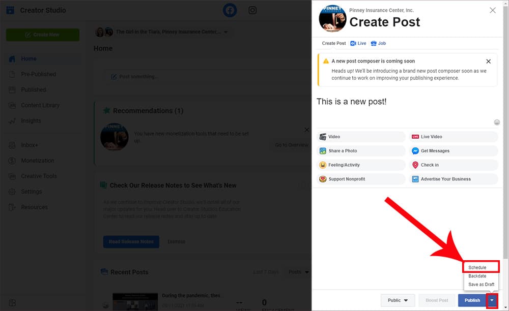 Screenshot of Facebook's Creator Studio, showing the button and option to schedule a post