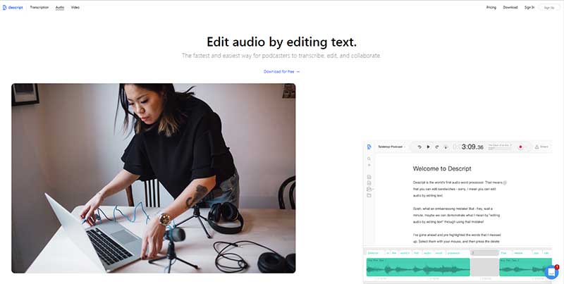 Screenshot of Descript's web page on audio editing capabilities