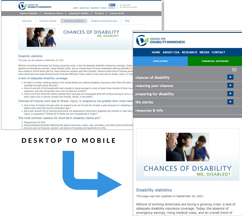 Screenshot of the home page for Council for Disability Awareness on desktop and mobile, showing the menu buttons larger and in bright colors on the mobile device