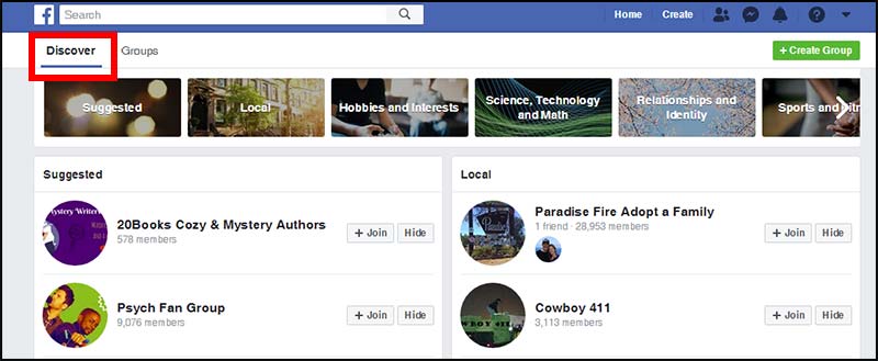 screenshot of Facebook's discover feature for groups