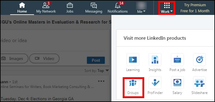 screenshot of LinkedIn's Work menu, showing the Groups option