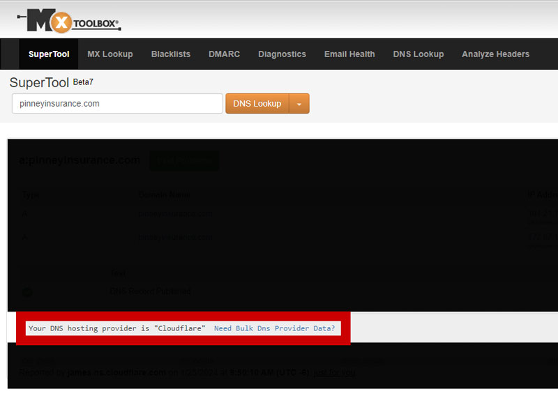 Screenshot of the MXToolbox.com DNS lookup tool with the readout highlighted where it shows the DNS registrar for our website