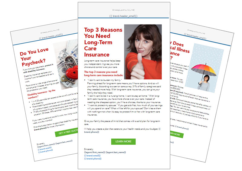 Screenshot of 3 of the emails included in our email marketing series, each introducing a new type of insurance