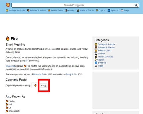 Screenshot of an page on Emojipedia with the copy button circled in red