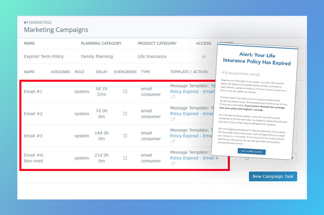 Screenshot of the list of 4 email sin the expired term policy marketing campaign in Insureio