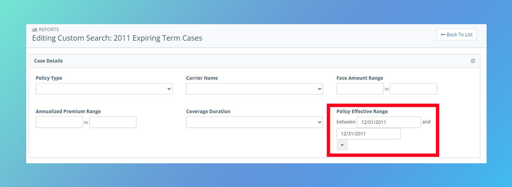 Screenshot of the Insureio report builder showing the available search criteria to select from, including Policy Effective Range