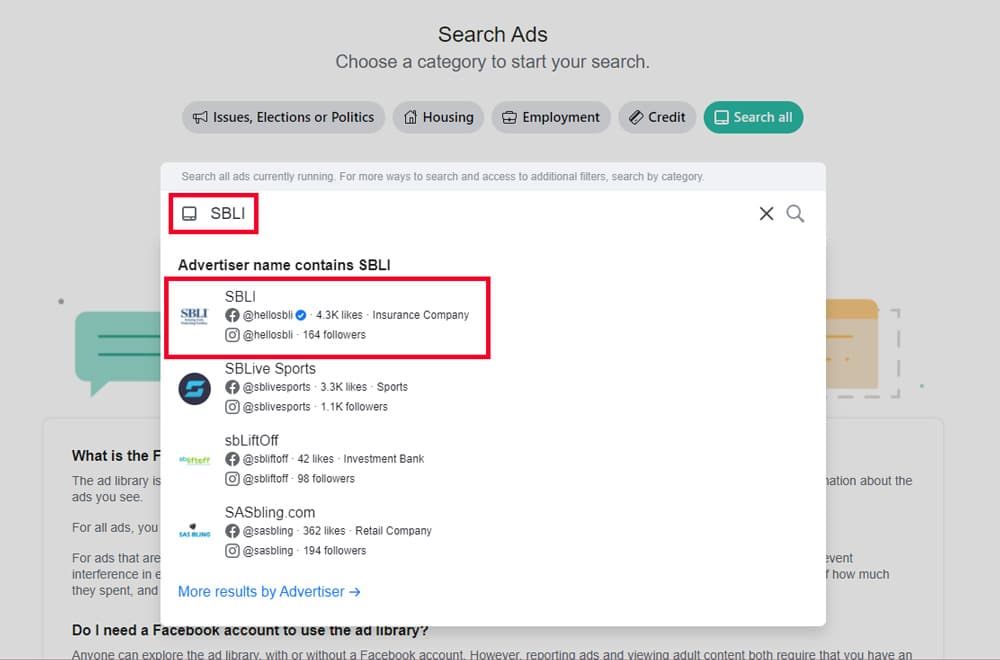 Screenshot of possible matches for SBLI in the Facebook Ads Library