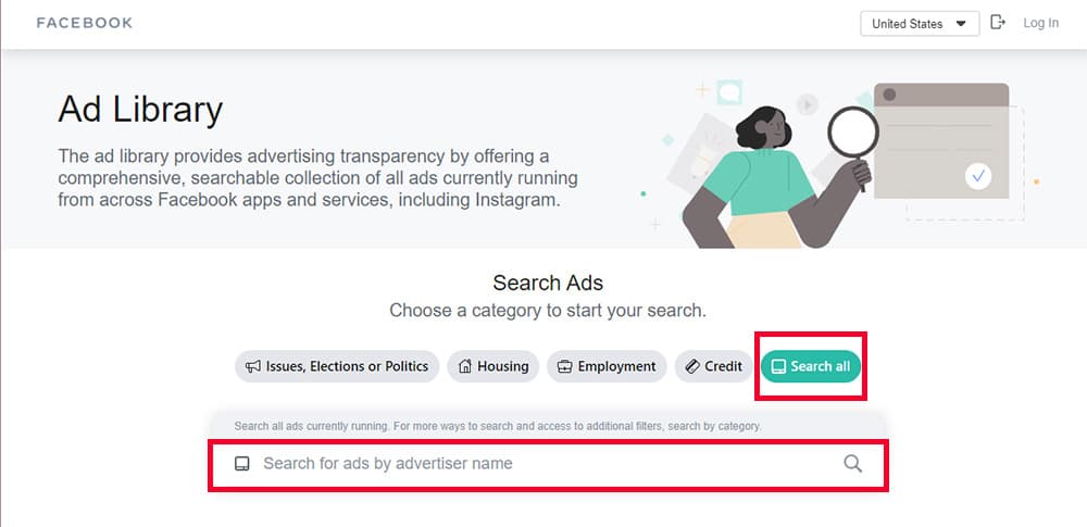 Screenshot of the Facebook Ads Library home page