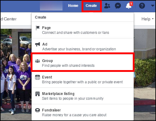 Screenshot showing where to create a new group on Facebook on desktop