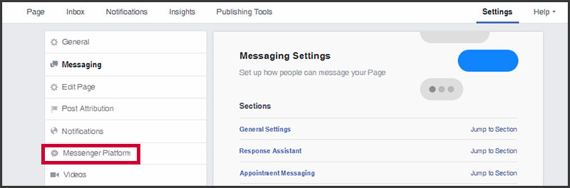 Facebook page's Messenger Platform settings tab