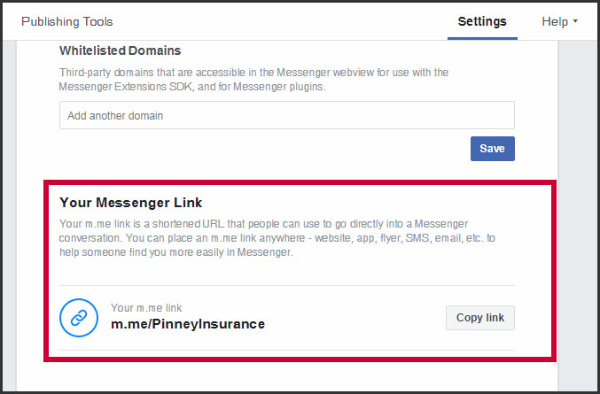 Facebook page's Messenger link