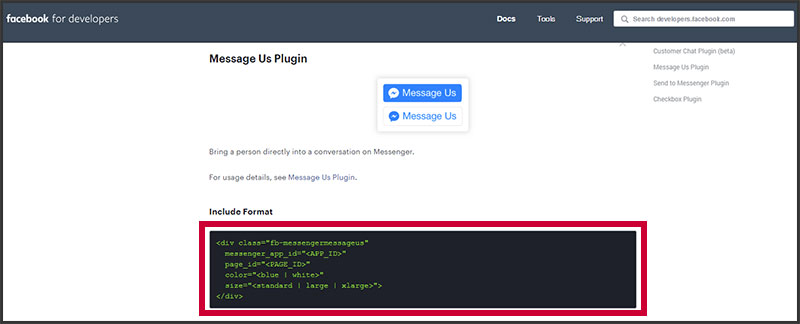 Facebook's Message Us plugin code