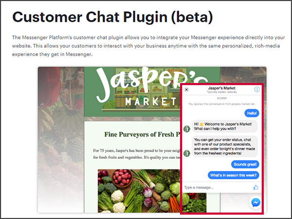 Facebook's Customer Chat plugin, sample image from Facebook Developers' site