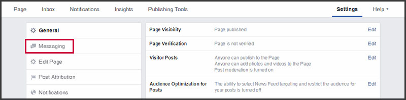 Messaging menu option in Facebook page's settings tab