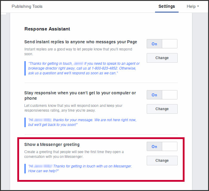 Set your Messenger greeting to 'on'