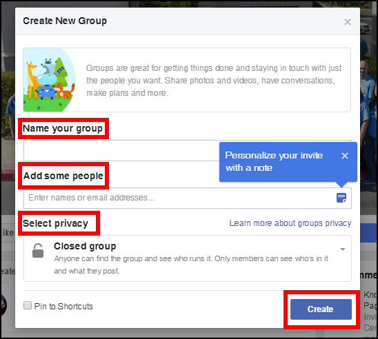 Screenshot showing what details you need to fill in to create a new group on Facebook on desktop