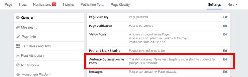 Screenshot of the Pinney Insurance Facebook page, with the section titled Audience Optimization for Posts highlighted.