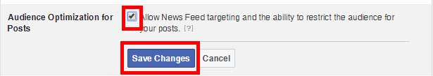 Screenshot of the Pinney Insurance Facebook page, with the Audience Optimization for Posts option turned on.