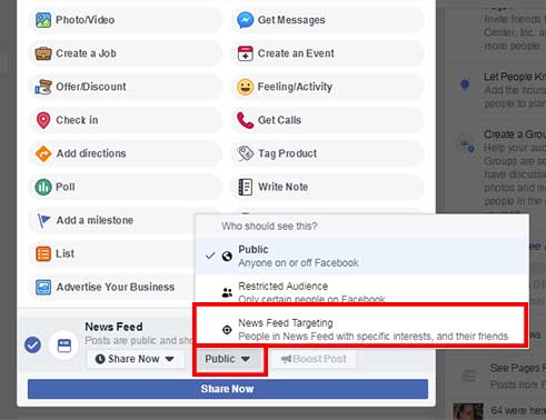 Screenshot of the Pinney Insurance Facebook page, with the option for targeting a post shown in the Public menu, accessible via dropdown on each post.