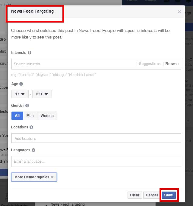 Screenshot of the Pinney Insurance Facebook page, with the option for targeting a post shown in the News Feed Targeting screen.