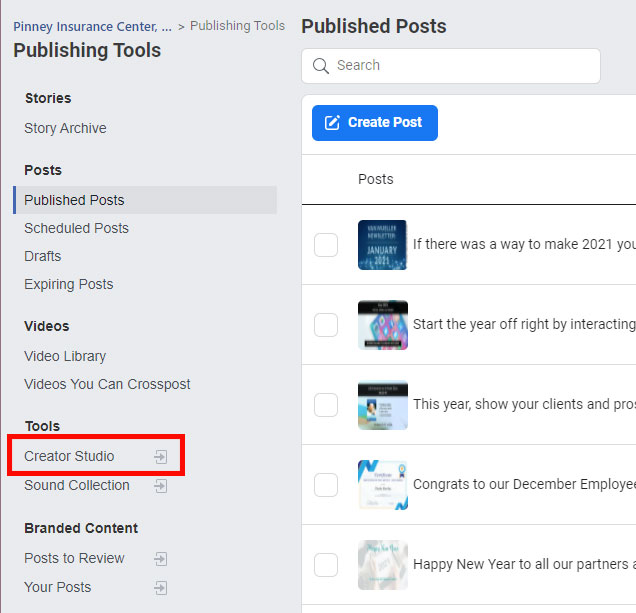 Screenshot of Pinney's Publishing Tools within Facebook, with the Creator Studio link highlighted.