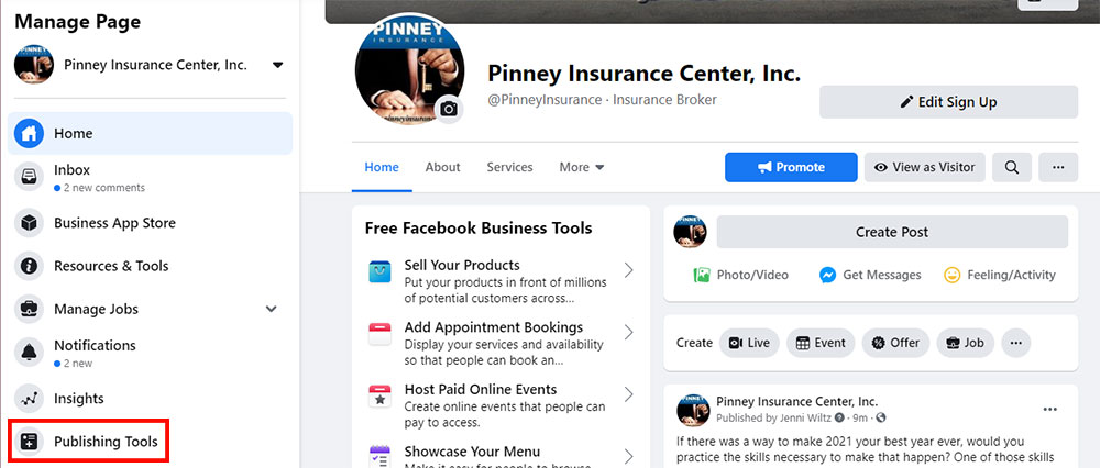 Screenshot of Pinney's Facebook page with the admin menu visible on the left, with Publishing Tools highlighted.