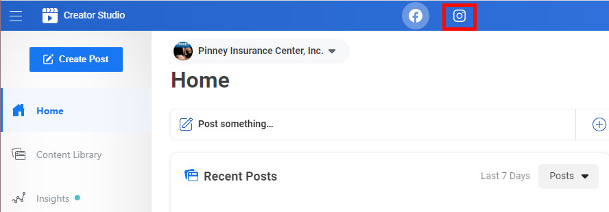 Screenshot of Pinney's Creator Studio in Facebook, with the Instagram toggle button highlighted.