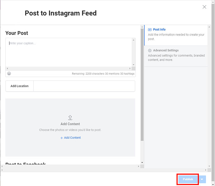 Screenshot of Pinney's 'Post to Instagram Feed' dialog box, with the Publish button highlighted.