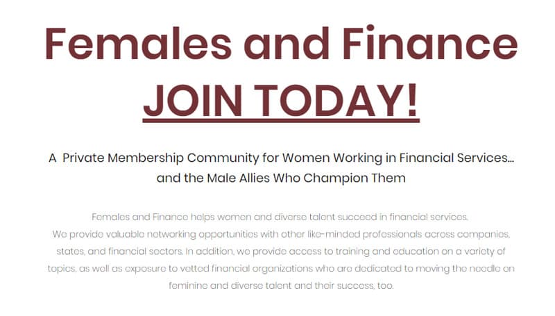 Screenshot of the Females & Finance site with the following text: A private membership community for women working in financial services...and the male allies who champion them.