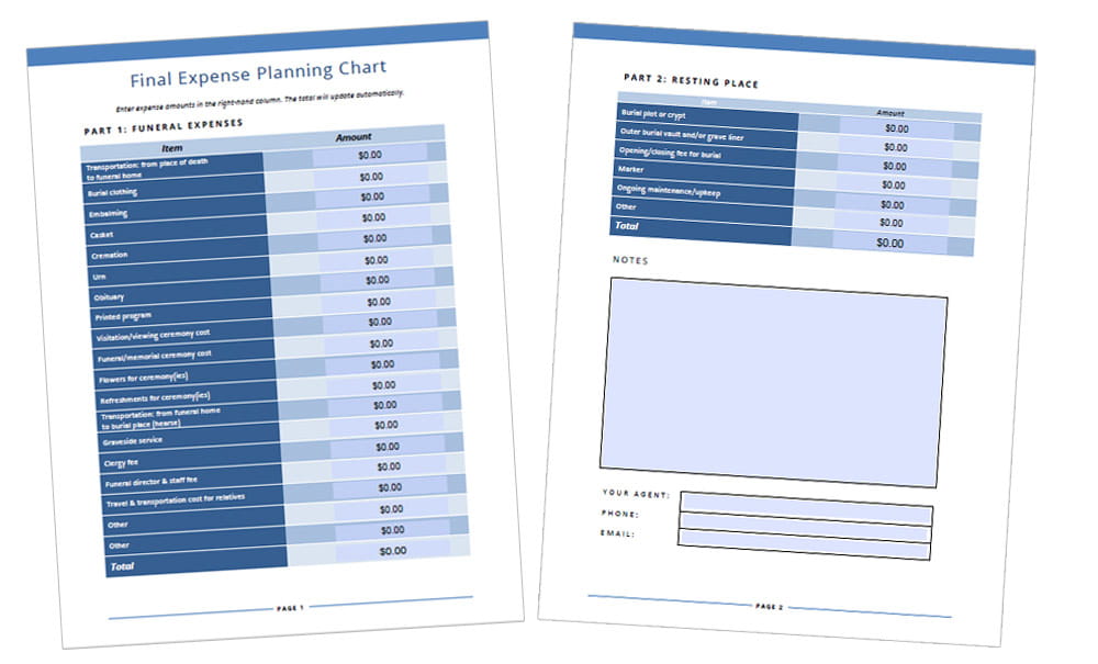 Screenshot of our 2-page downloadable final expense planning chart