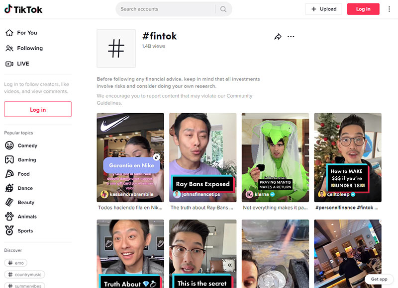 Screenshot of the TikTok desktop interface with results for the FinTok hashtag displayed