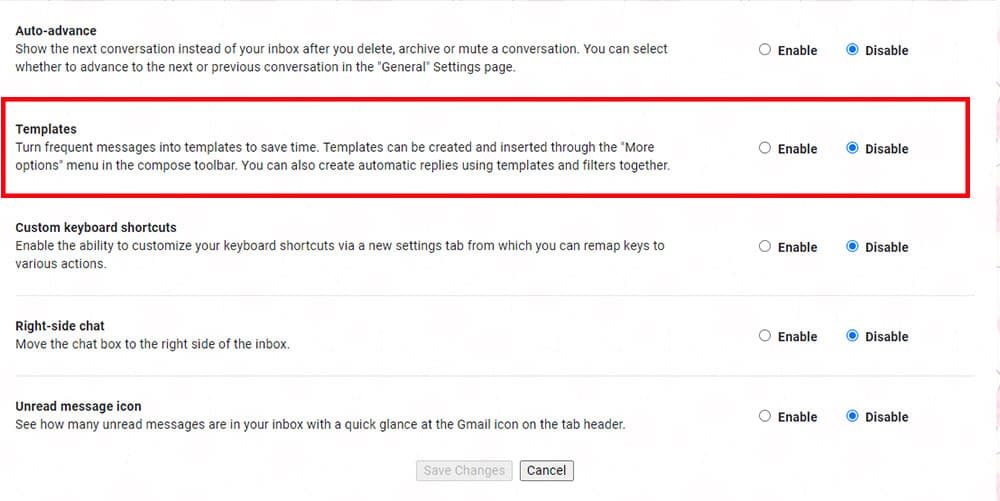 Screenshot of Gmail's Settings / Advanced menu showing the enable and disable toggles for the templates fuction