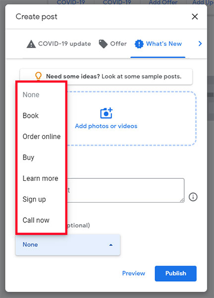 Screenshot of the calls to action you can choose when creating a GBP Update post