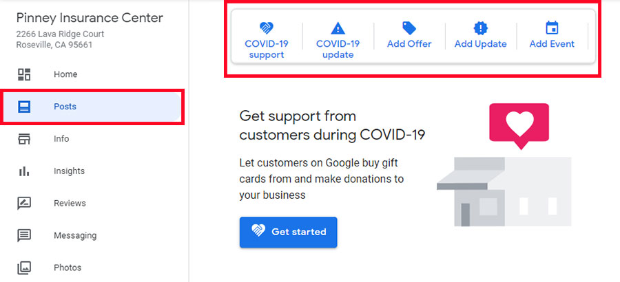 Screenshot of Google Business Profile post creation dialog box showing the post types: COVD, offers, updates, and events