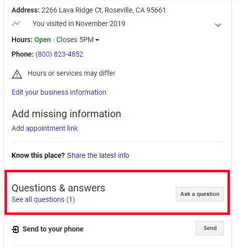 Screenshot of our Google My Business listing in search, showing a question