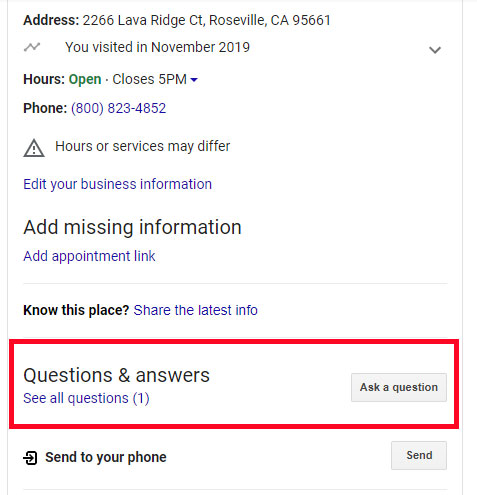 Screenshot of our Google Business Profile listing in search, showing a question