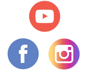 Social media icons for YouTube, Facebook, and Instagram