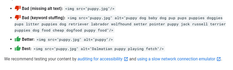 Screenshot of good and bad examples from Google's published guidance on alt text