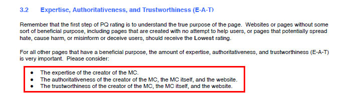 Screenshot of the Google Page Quality Guidelines document showing the E-A-T content.