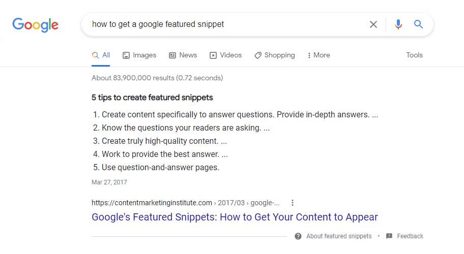 Screenshot of Google featured snippet.