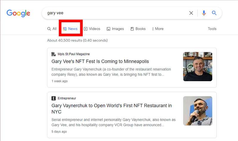 Screenshot of Google news search results with the news tab highlighted
