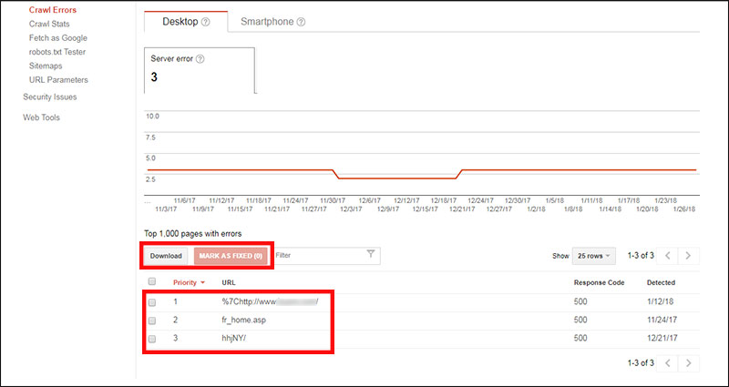 Viewing URL errors in Google Search Console