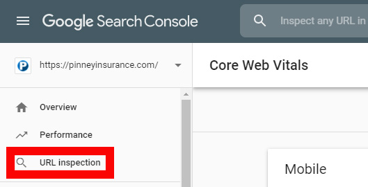 Screenshot of Google Search Console's URL Inspection menu option